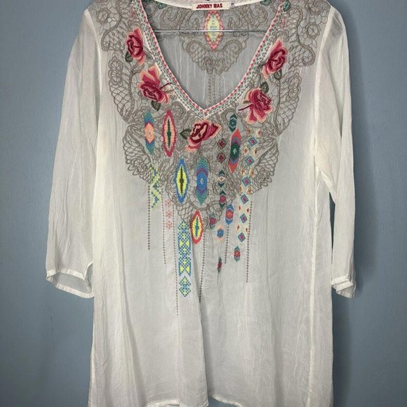 Johnny Was Tops - Johnny Was White Floral Embroidered Tunic Blouse - Small $258